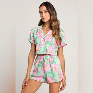 Lulus Sun and Blooms Pink Multi Floral Print Two-Piece Romper size S